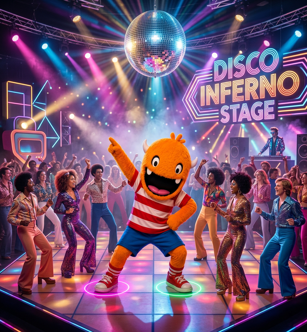 Transform this character to be at a disco party on stage with people dancing