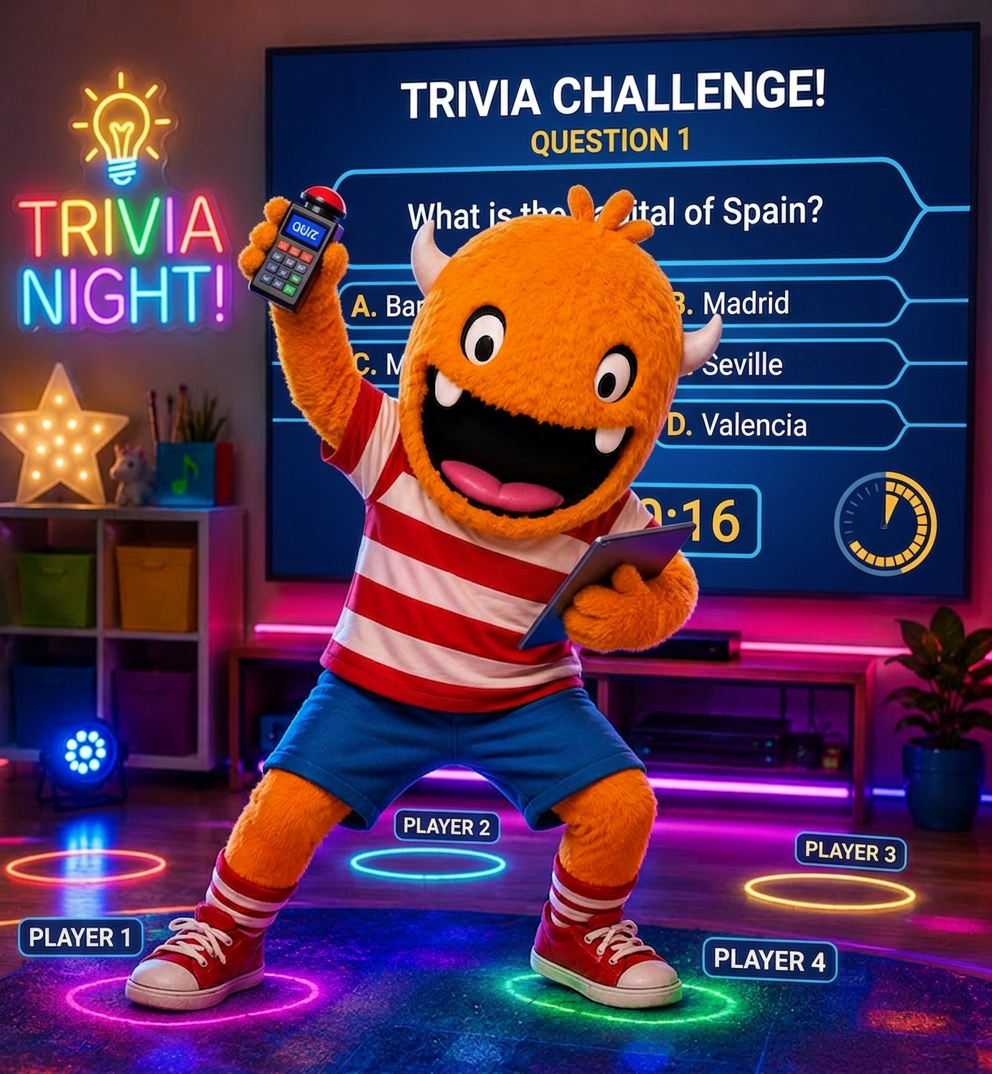 Transform this character to be hosting a quiz trivia game show with questions on screen, not dance games