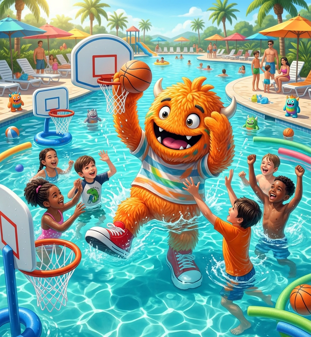 Transform this character to be playing water basketball in a pool with children
