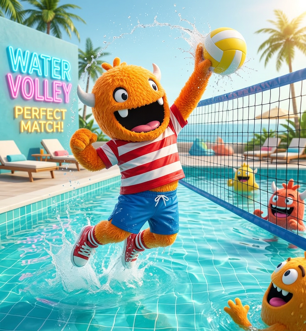 Transform this character to be playing water volleyball or beach volleyball